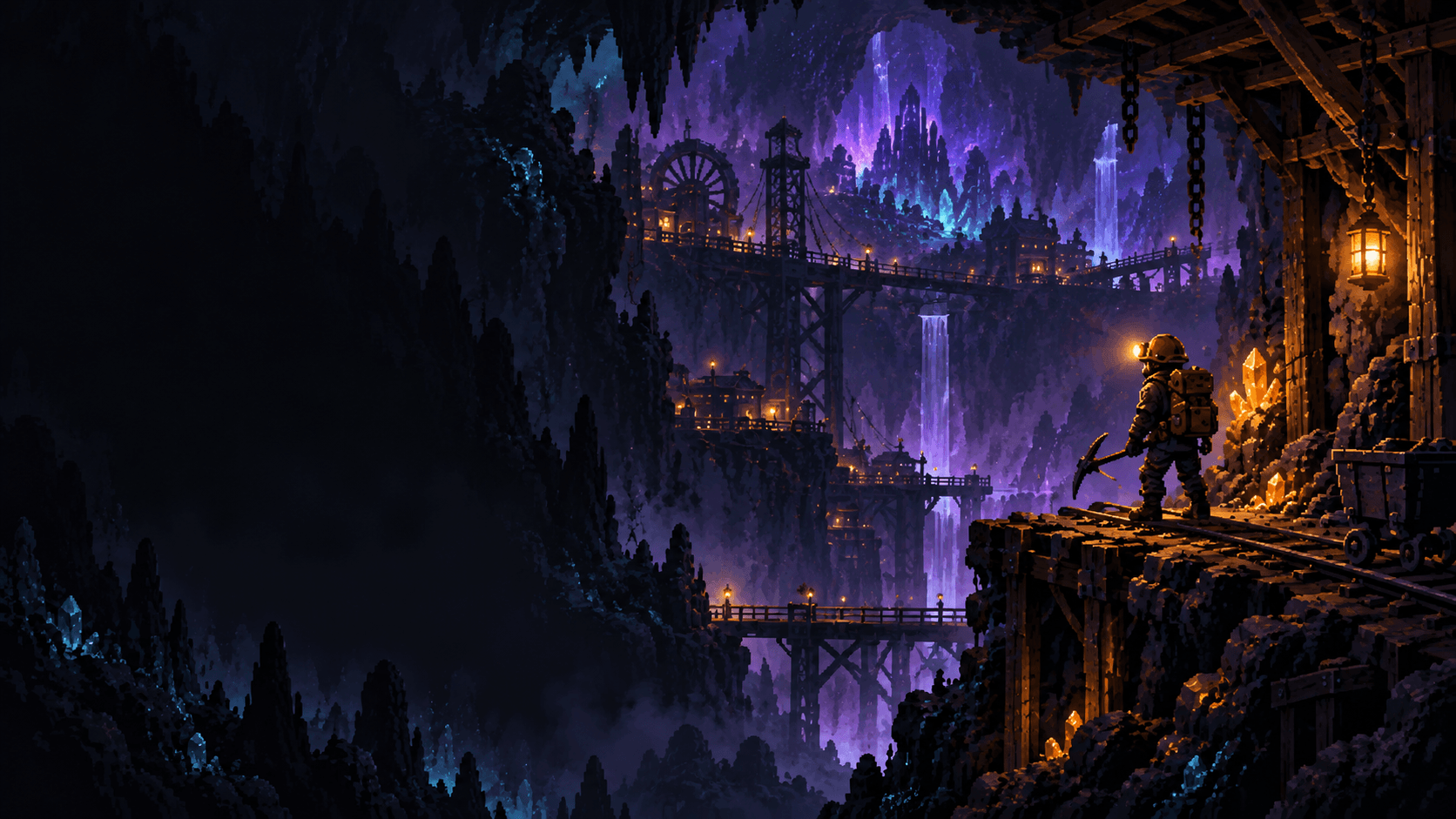 A lone miner overlooks a vast illuminated cavern
